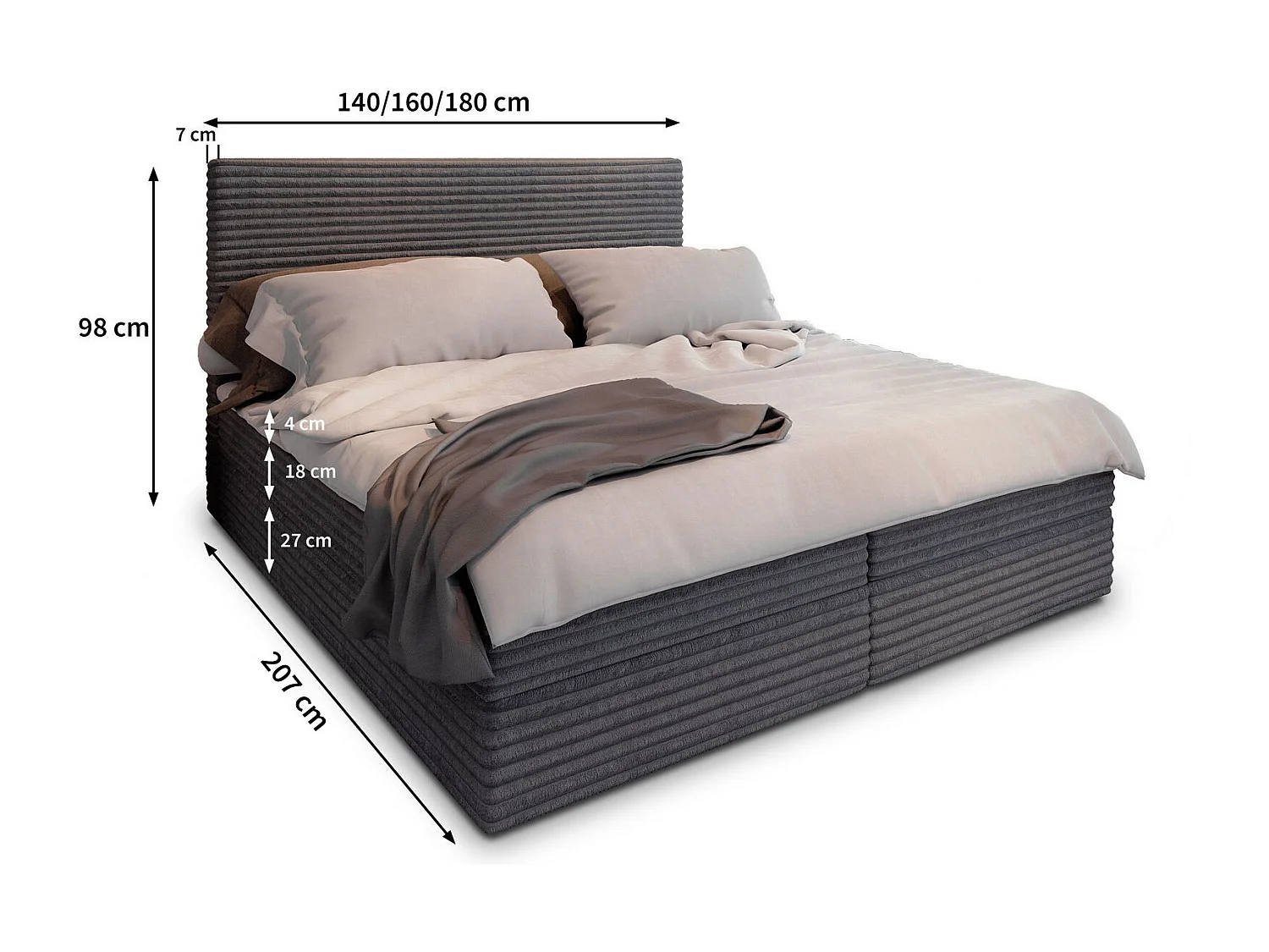 Lit continental PISA, 160x200 cm, Tissu en velours côtelé, Marron