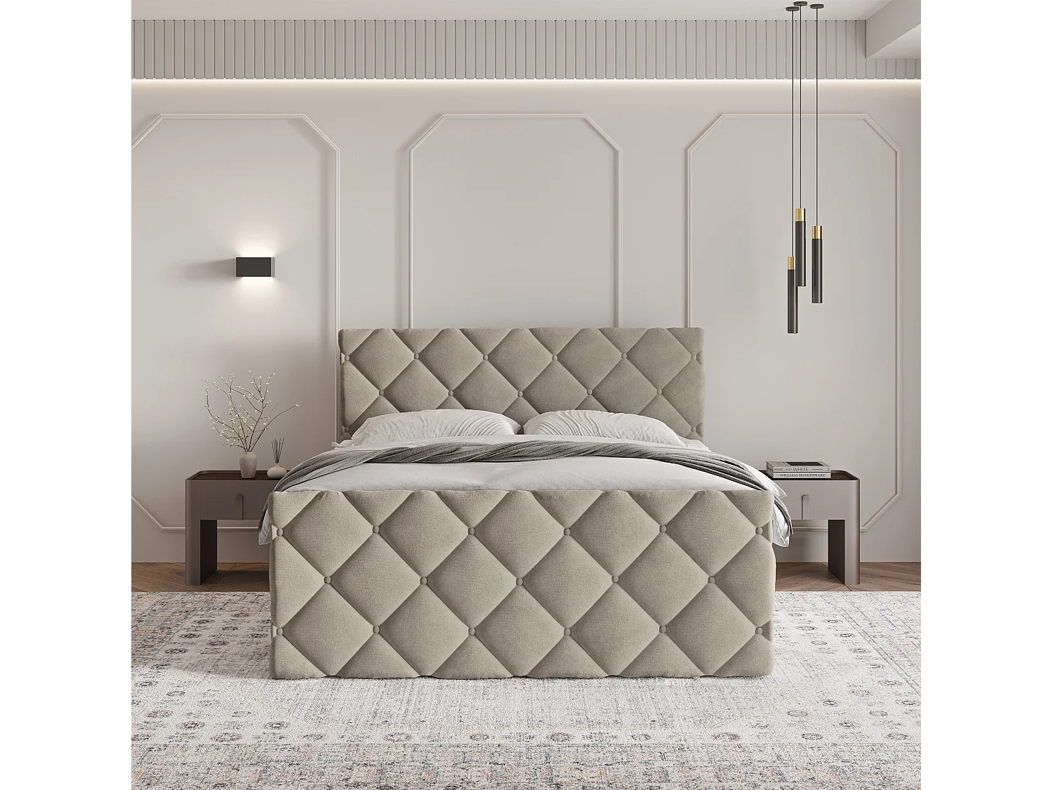 Lit continental ROVARI, 160x200 cm, Tissu pelucheux, Beige