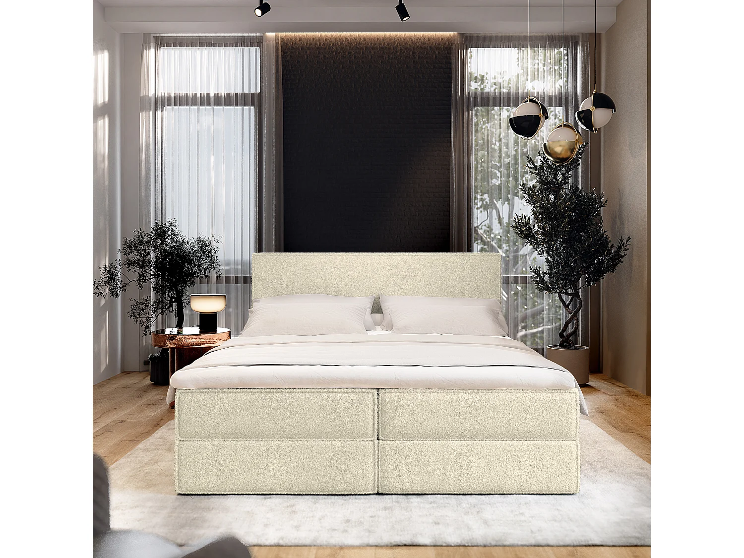 Boxspringbed PELLIO 140x200 cm Set met hoofdbord, bedbodem en matras, Crème