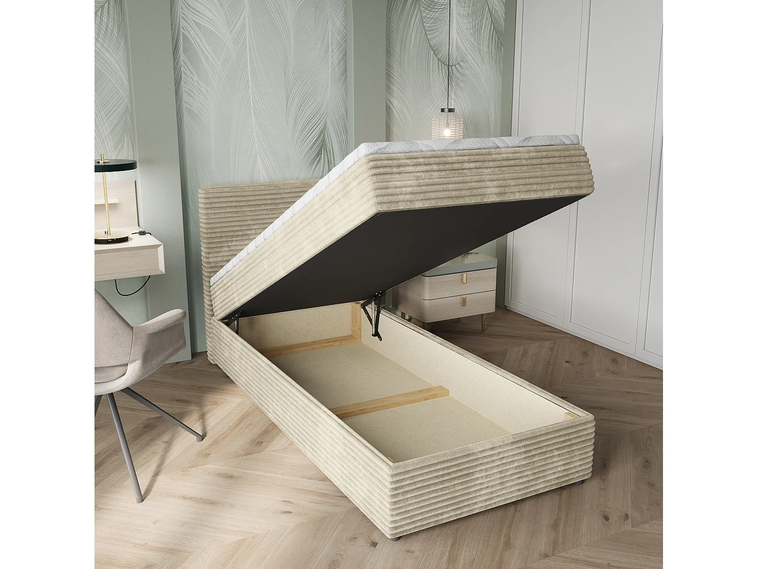 Boxspringbed PISA 100x200 cm Set met hoofdbord, bedbodem en matras, Crème