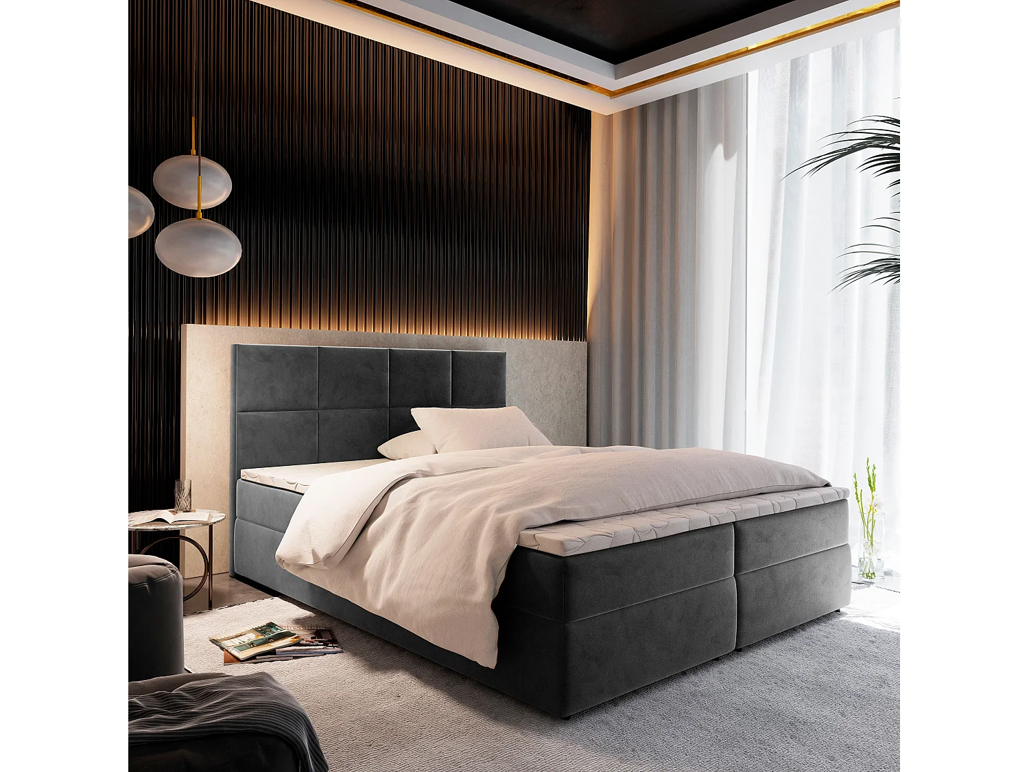 Boxspringbed LENA 160x200 cm Set met hoofdbord, bedbodem en matras, Grijs