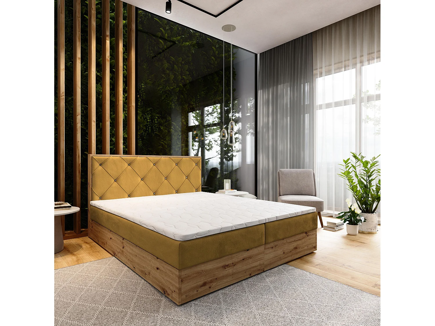 Boxspringbed FOSCO 160x200 cm Set met hoofdbord, bedbodem en matras, Geel