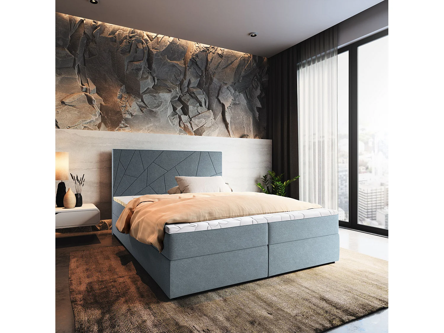 Boxspringbed MADO 160x200 cm Set met hoofdbord, bedbodem en matras, Blauw
