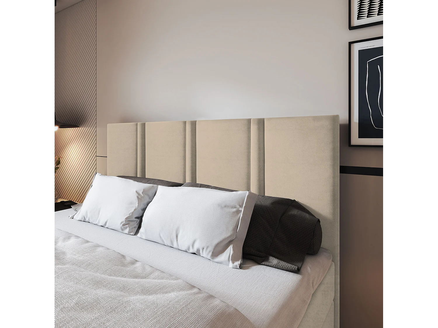 Lit continental LARIO, 180x200 cm, Tissu pelucheux, Beige