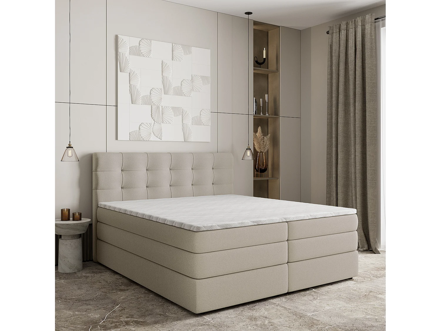 Lit continental AREZI, 180x200 cm, Tissu tressé, Beige