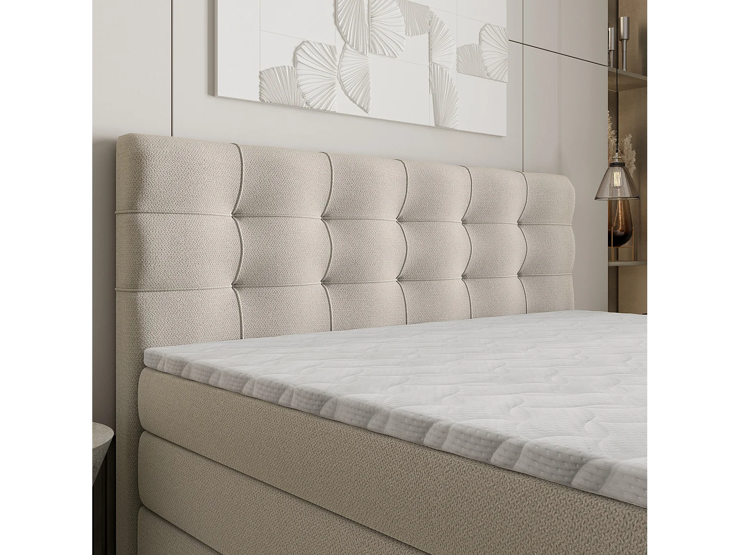 Lit continental AREZI, 180x200 cm, Tissu tressé, Beige