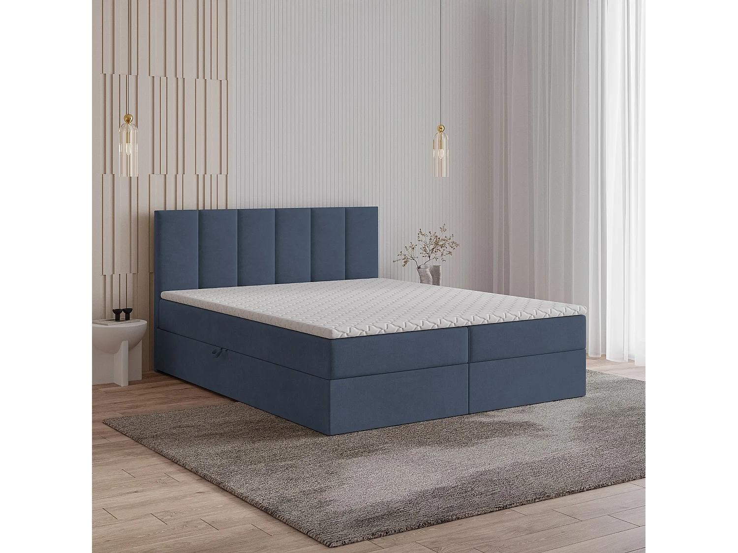 Lit continental MERIL, 140x200 cm, Tissu tressé, Bleu