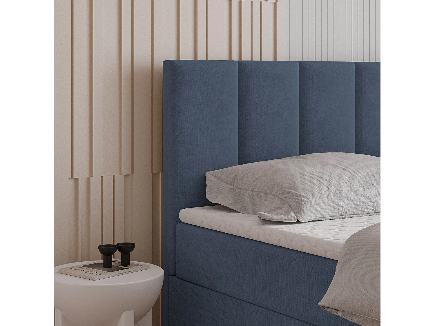 Lit continental MERIL, 140x200 cm, Tissu tressé, Bleu