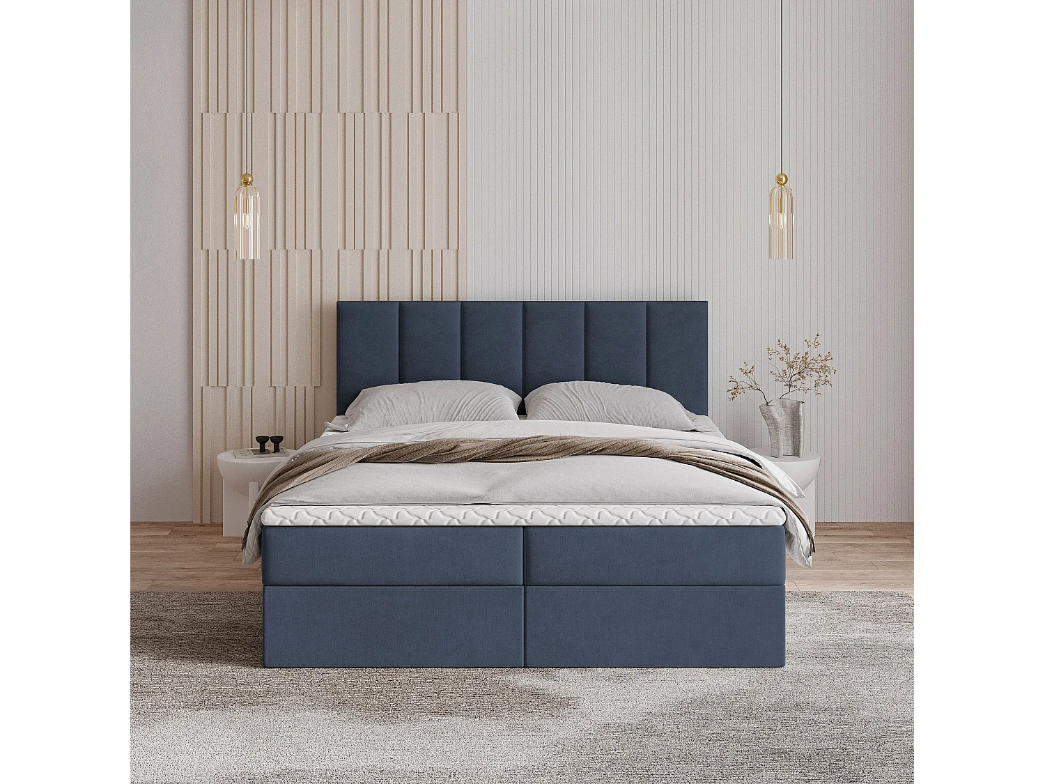 Lit continental MERIL, 140x200 cm, Tissu tressé, Bleu