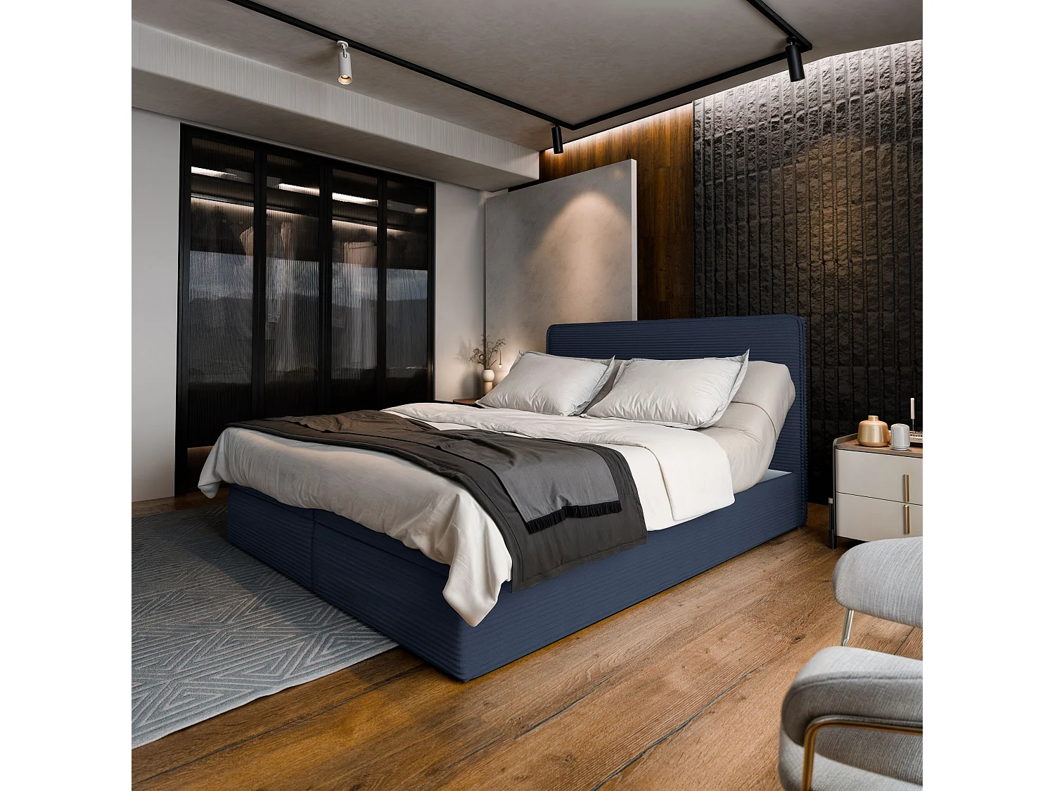 Lit continental ASTOR, 140x200 cm, Tissu en velours côtelé, Bleu