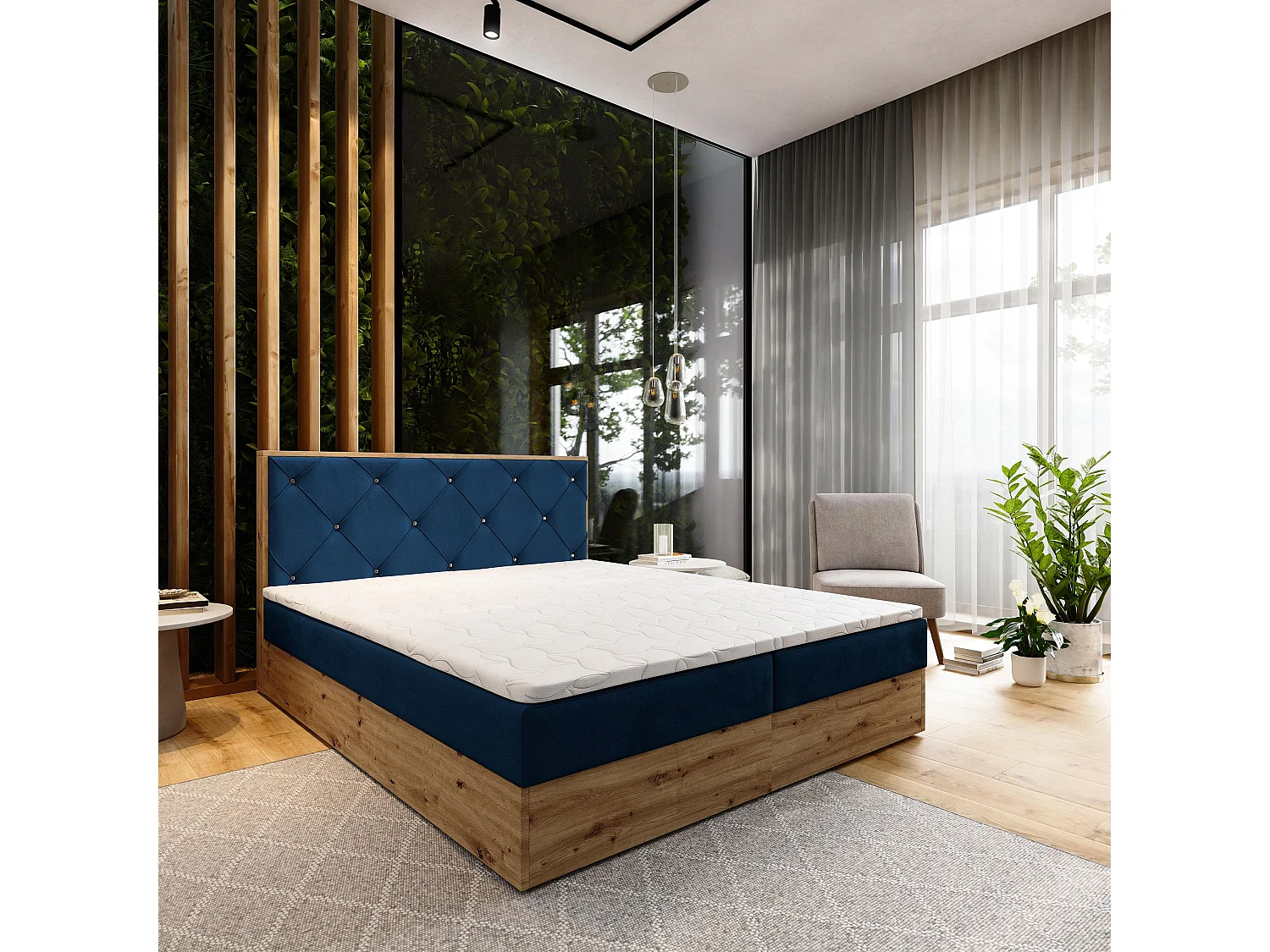 Boxspringbed FOSCO 140x200 cm Set met hoofdbord, bedbodem en matras, Blauw