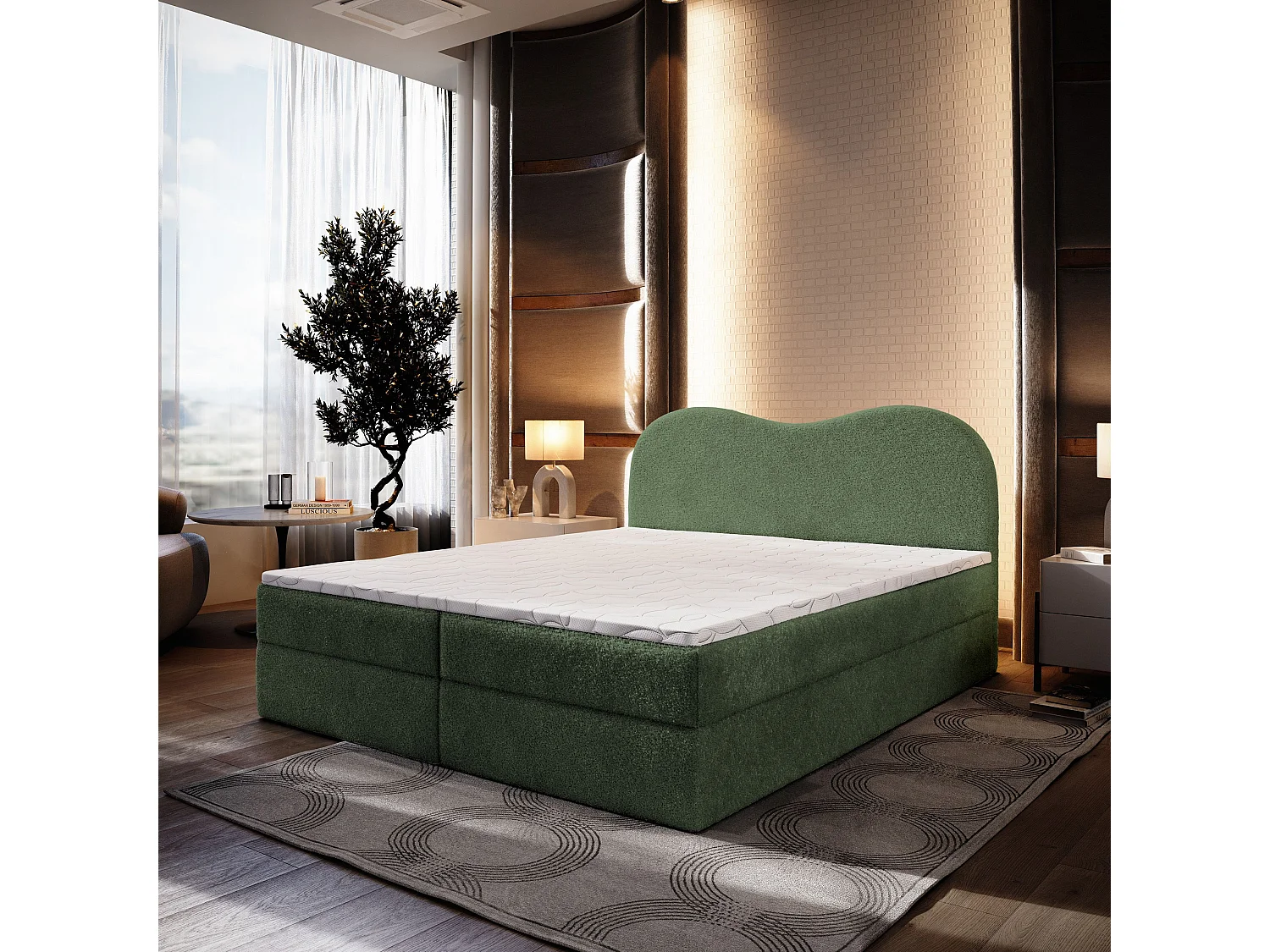 Lit continental FLUVIA, 180x200 cm, Tissu bouclé, Vert