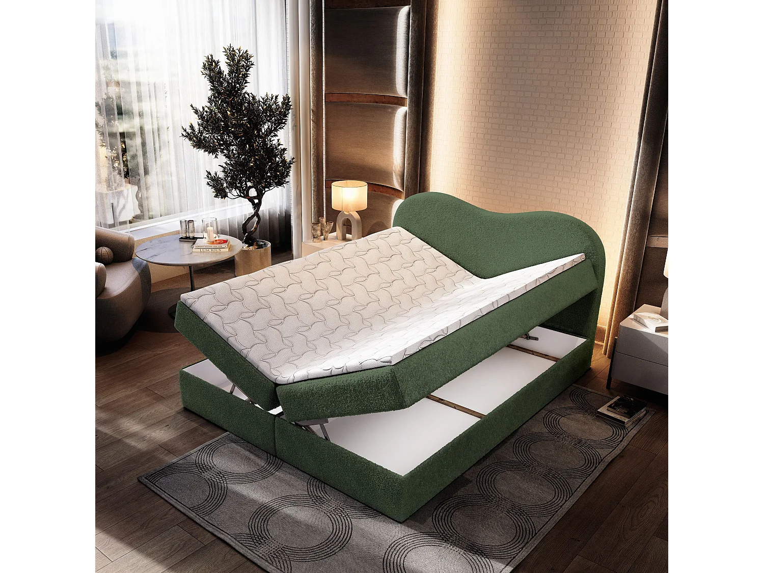 Lit continental FLUVIA, 180x200 cm, Tissu bouclé, Vert