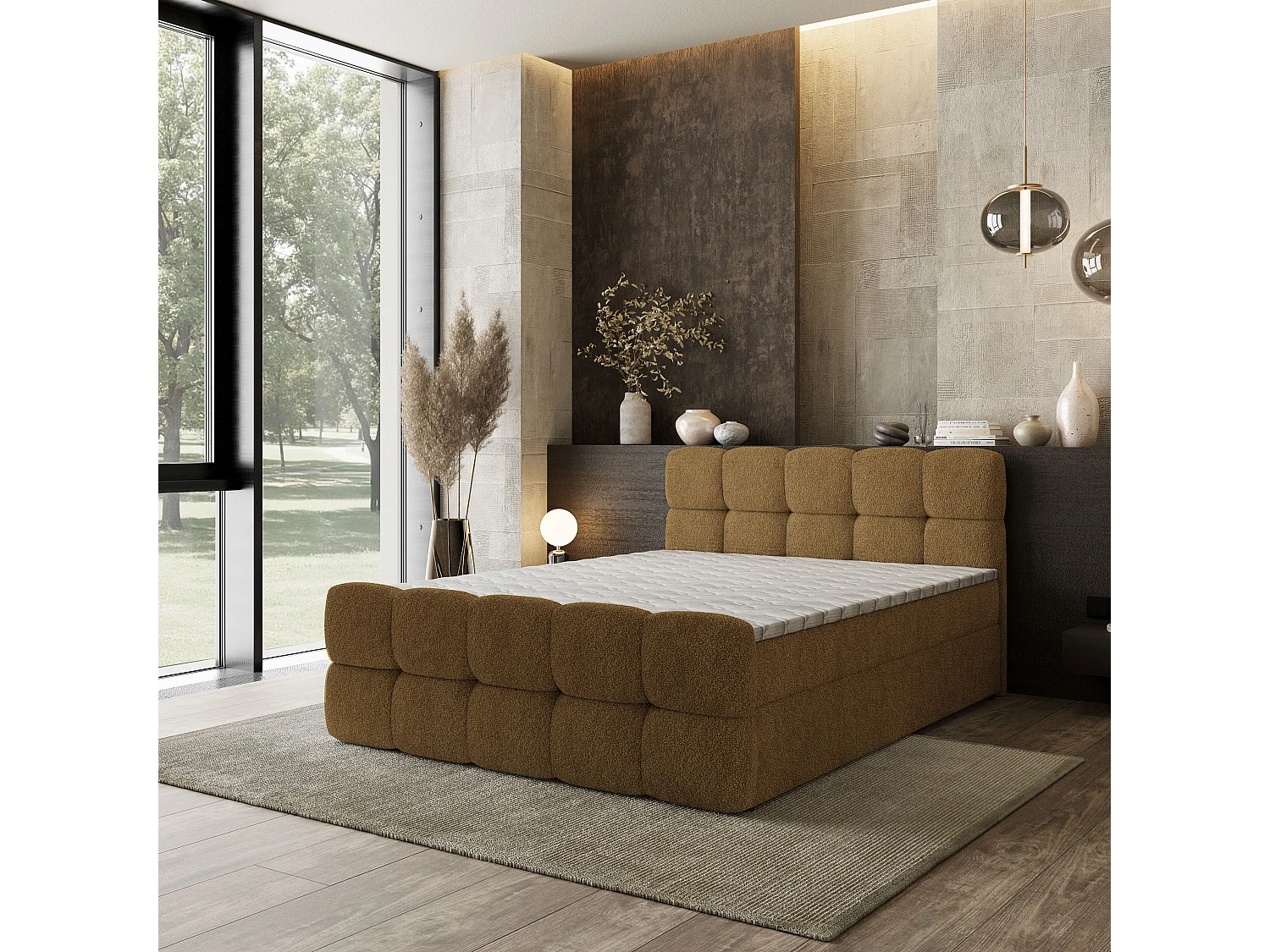 Boxspringbed BRUME 180x200 cm Set met hoofdbord, bedbodem en matras, Mosterdkleur