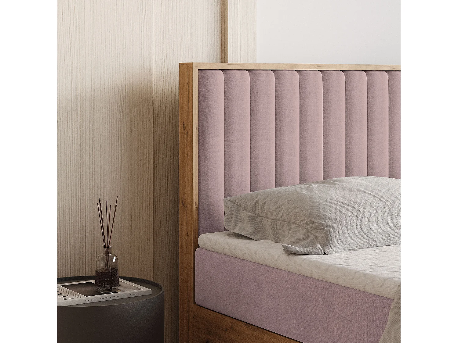 Lit continental VARELI, 140x200 cm, Tissu tressé, Rose