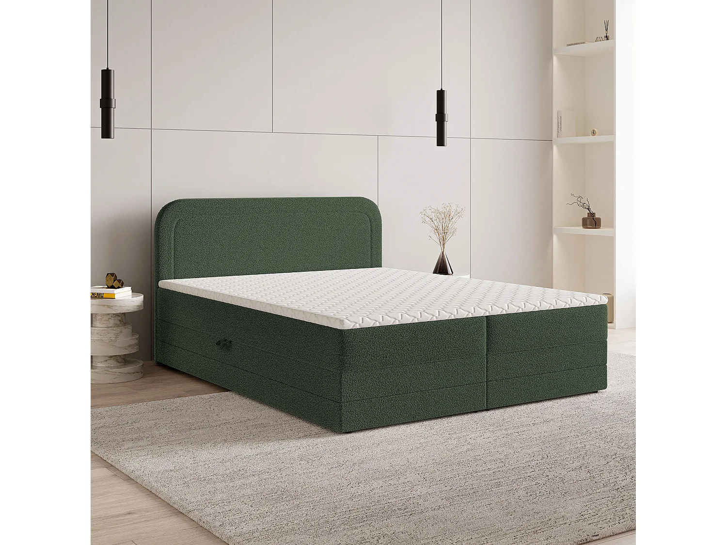 Lit continental ARMEL, 160x200 cm, Tissu bouclé, Vert