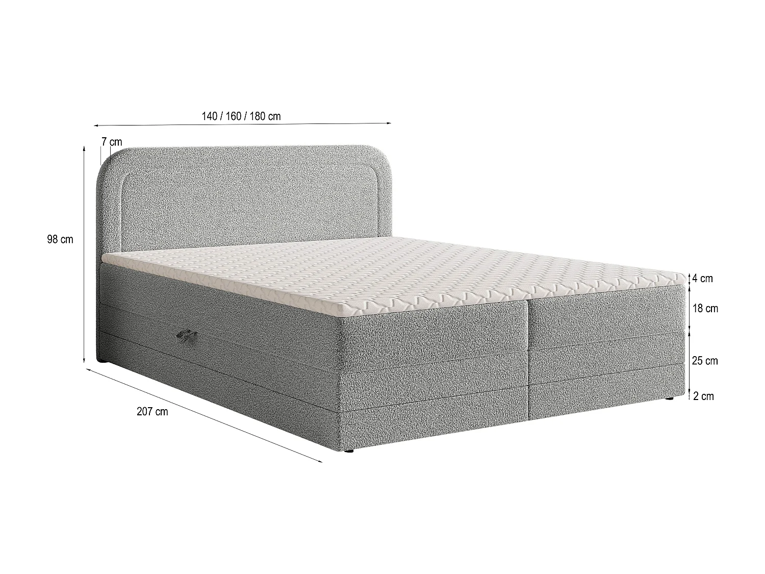 Lit continental ARMEL, 160x200 cm, Tissu bouclé, Vert