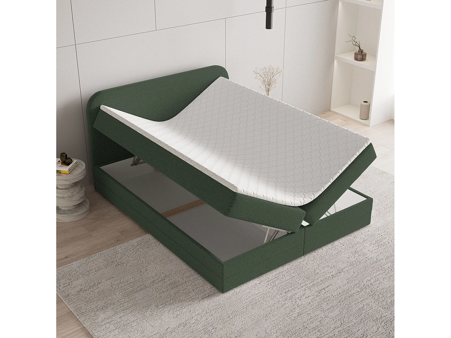 Lit continental ARMEL, 160x200 cm, Tissu bouclé, Vert