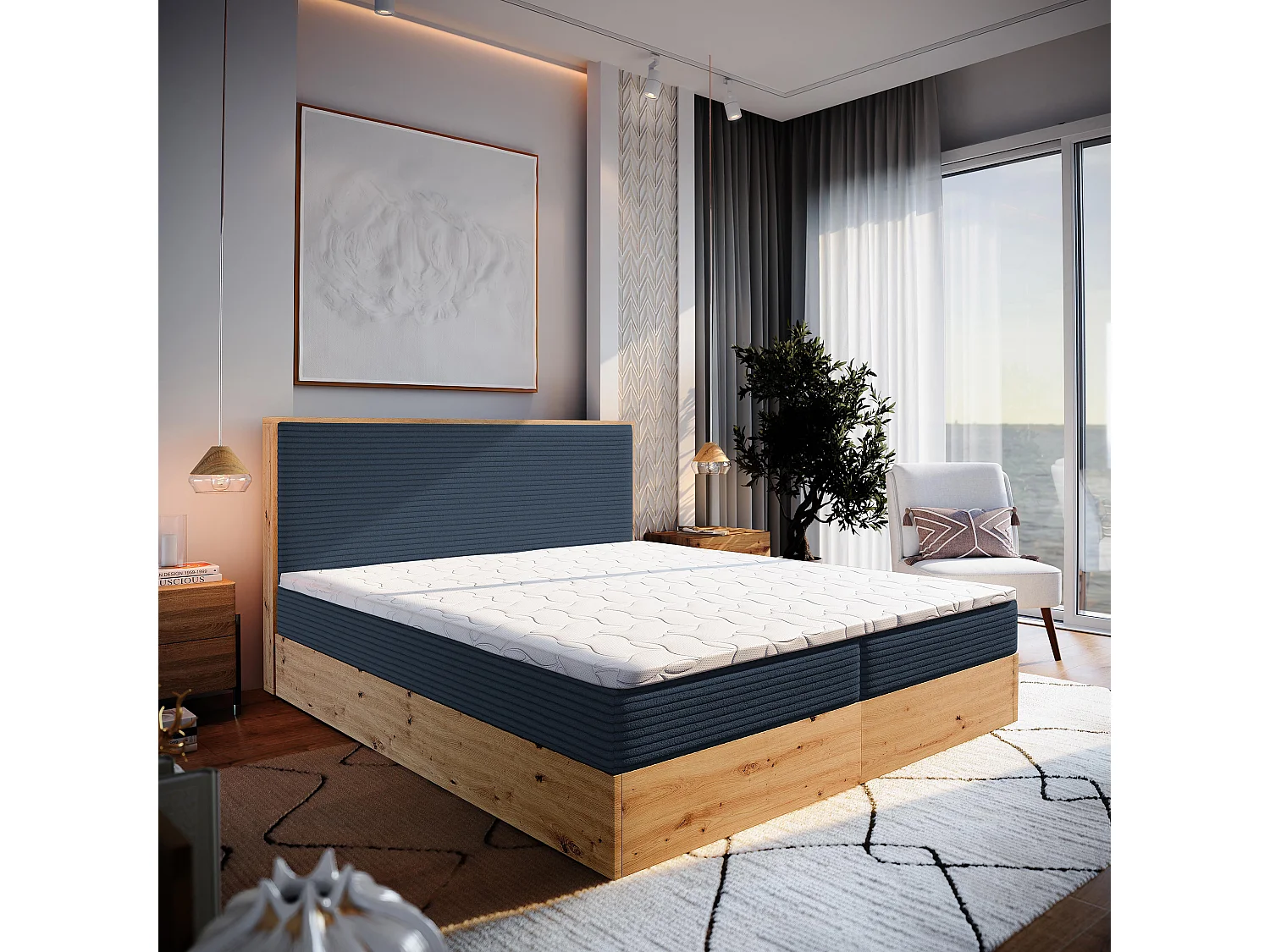 Lit continental VERDON, 160x200 cm, Tissu en velours côtelé, Bleu