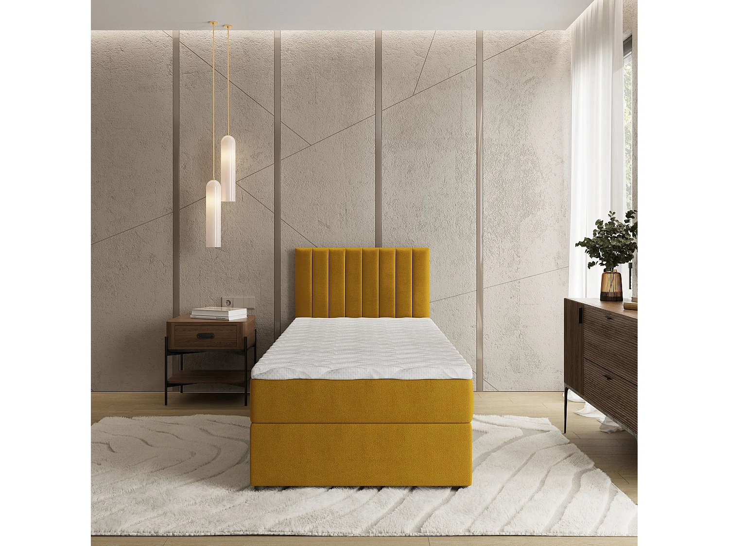 Lit boxspring BRESEL 80x200 cm avec tête de lit, sommier et matelas, Jaune