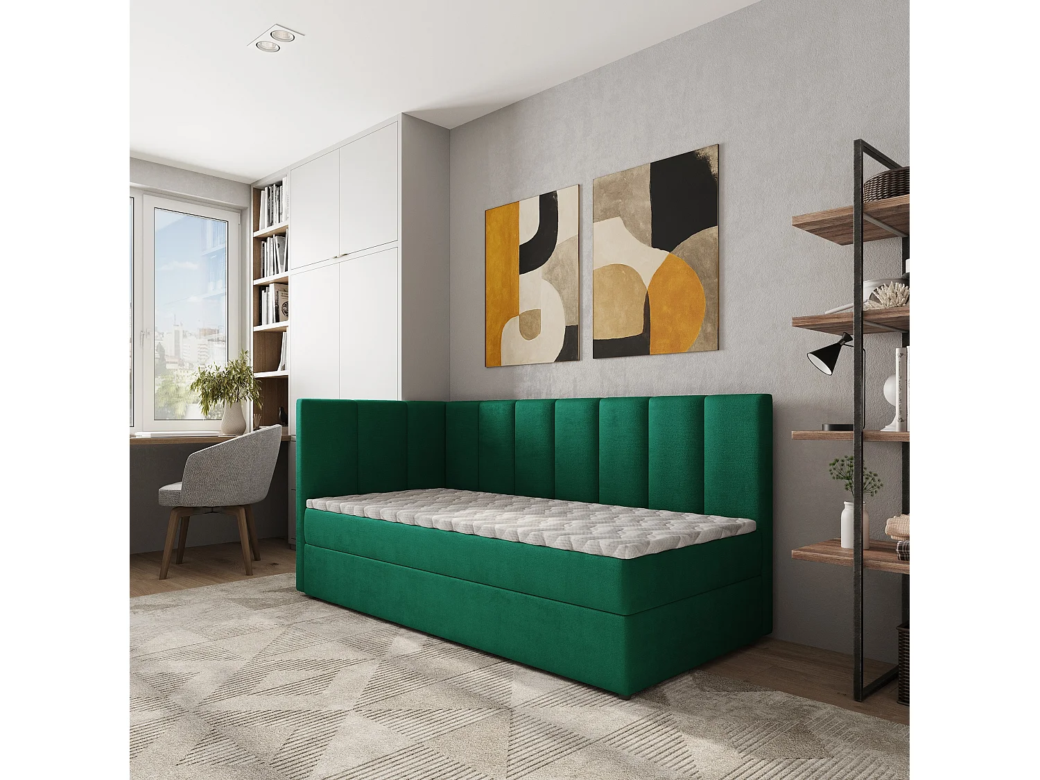 Boxspringbed BEVE 100x200 cm Set met hoofdbord, bedbodem en matras, Dennengroen