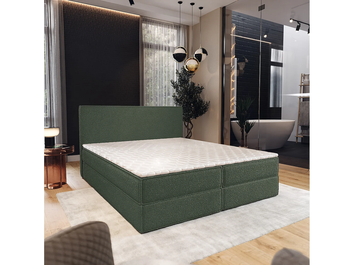 Lit continental PELLIO, 180x200 cm, Tissu bouclé, Vert