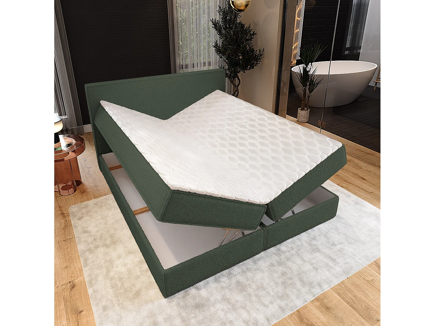 Lit continental PELLIO, 180x200 cm, Tissu bouclé, Vert