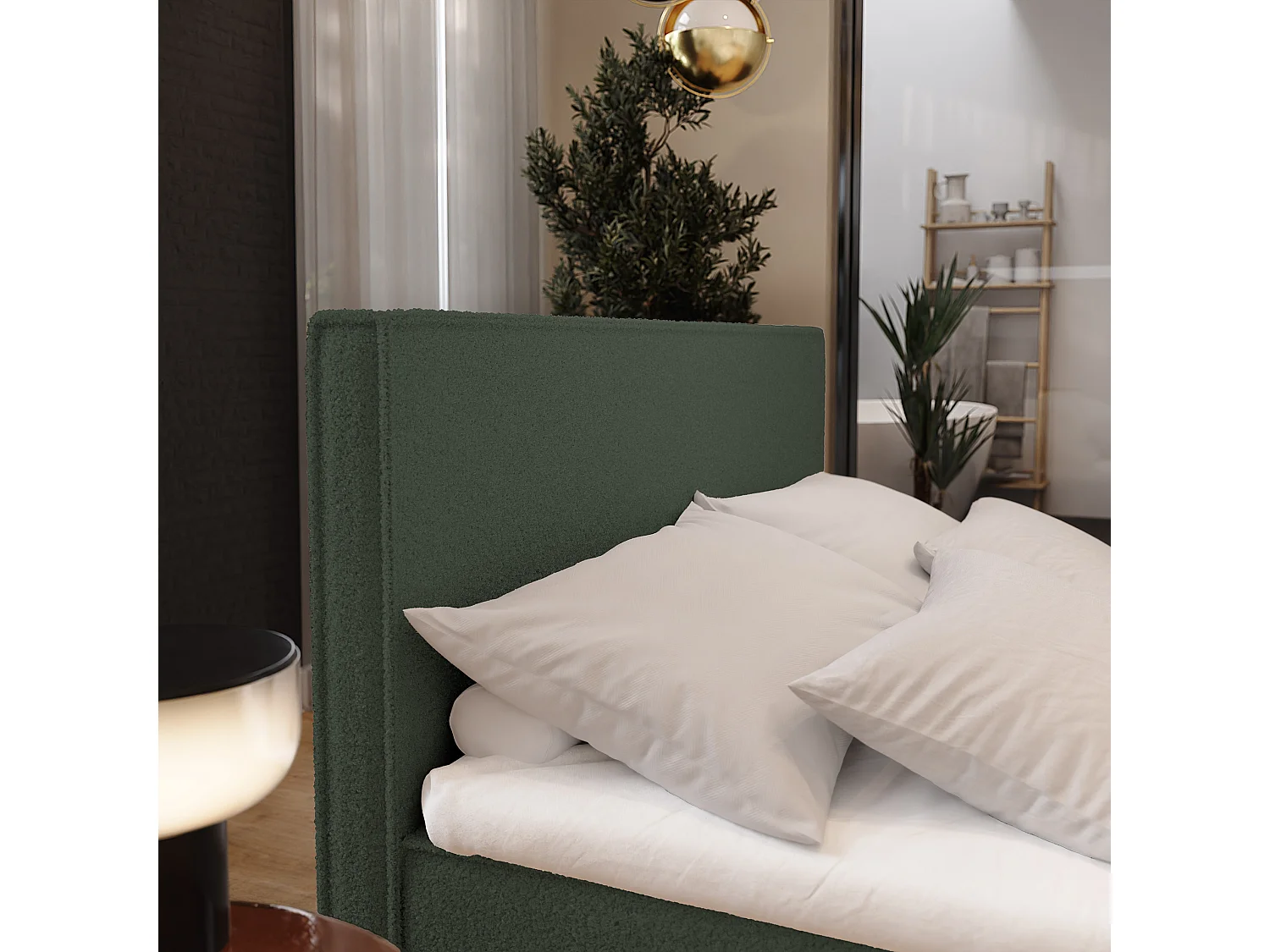 Lit continental PELLIO, 180x200 cm, Tissu bouclé, Vert