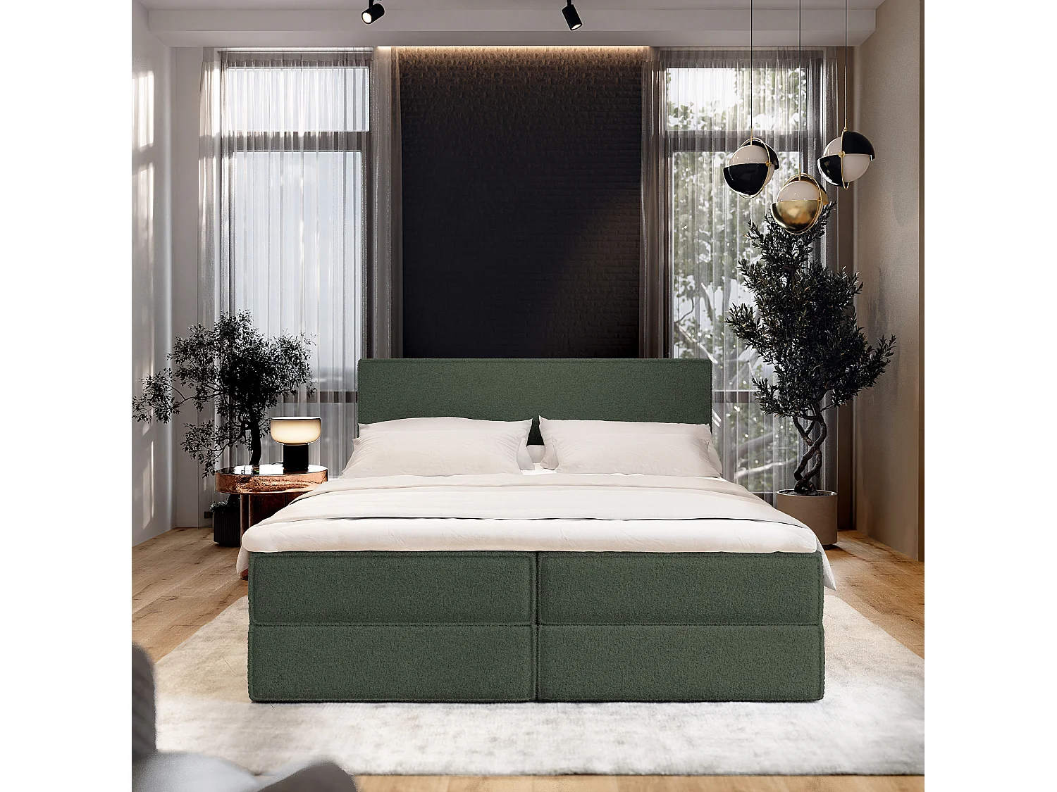 Lit continental PELLIO, 180x200 cm, Tissu bouclé, Vert