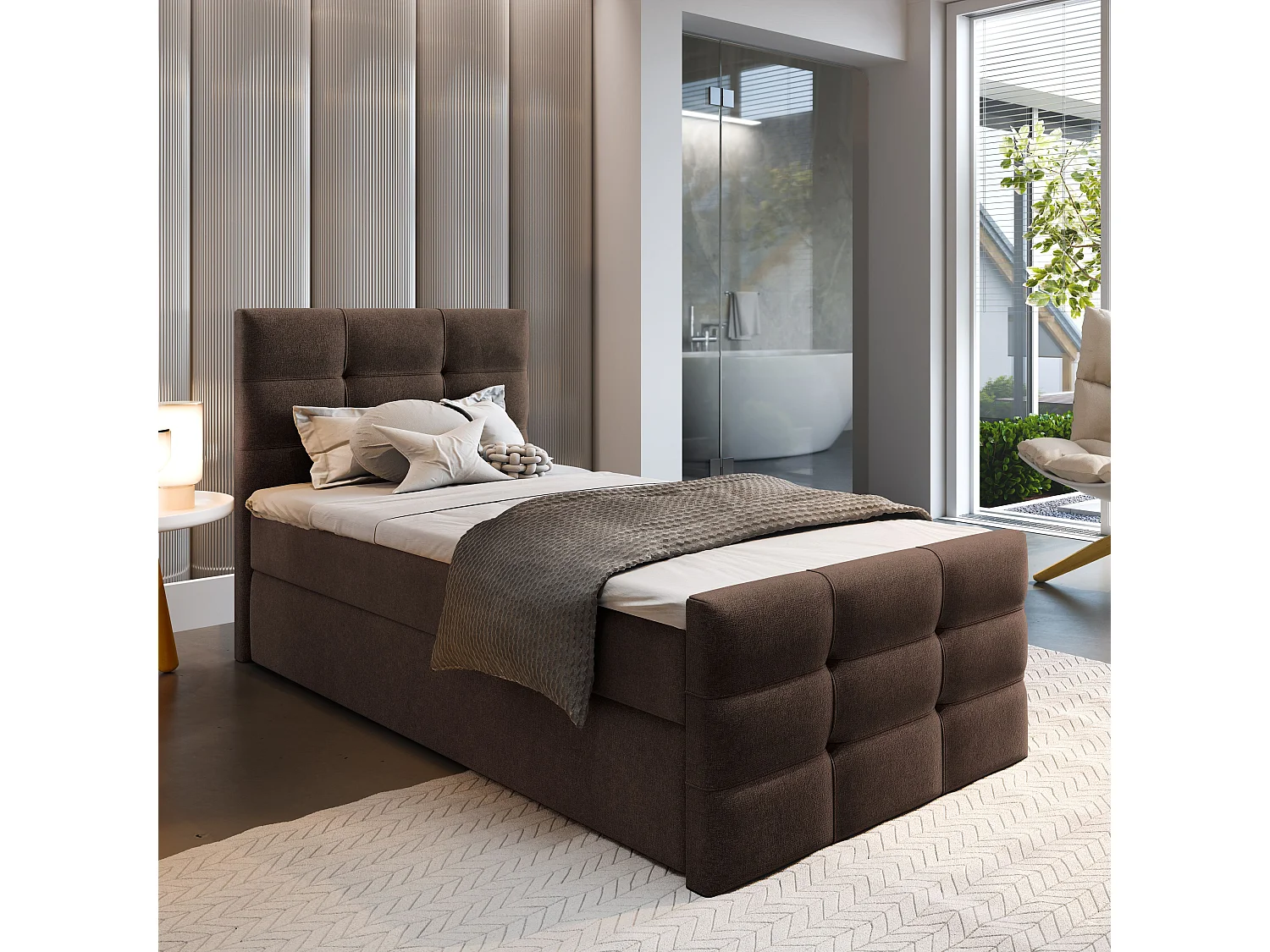 Lit continental AMON, 90x200 cm, Tissu tressé, Marron