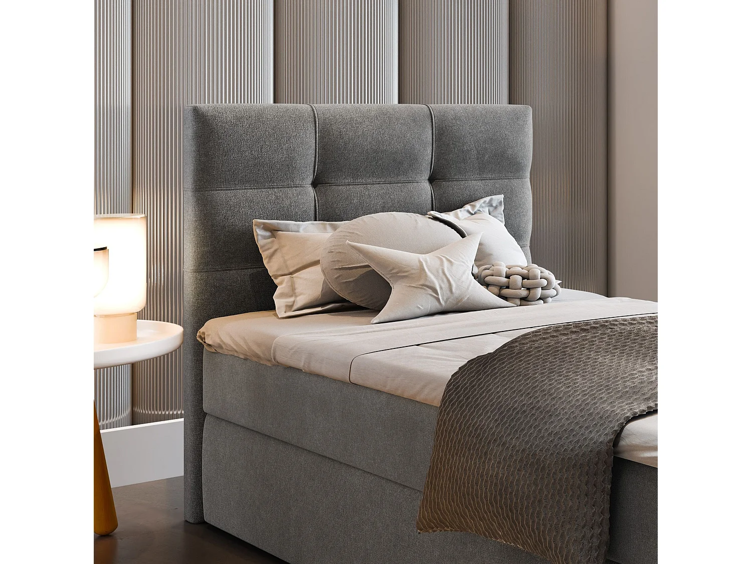 Lit continental AMON, 90x200 cm, Tissu tressé, Marron
