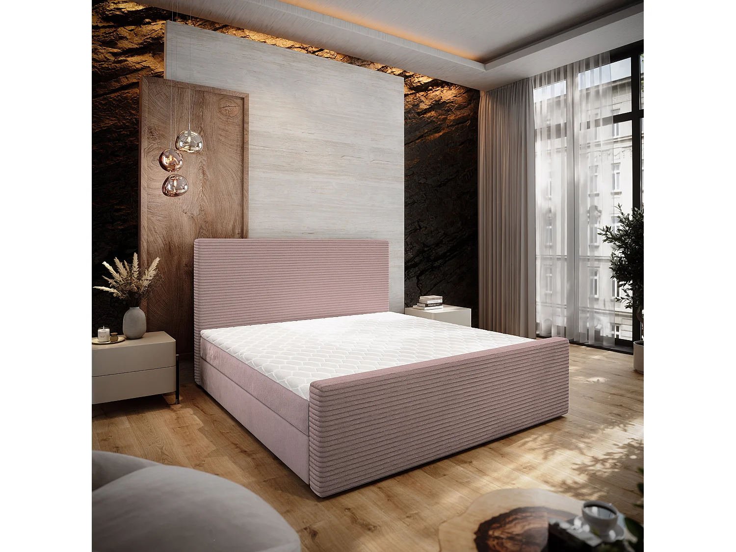 Lit continental ALORIA, 180x200 cm, Tissu pelucheux, Rose