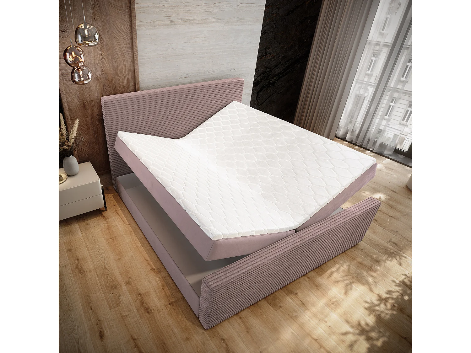 Lit continental ALORIA, 180x200 cm, Tissu pelucheux, Rose