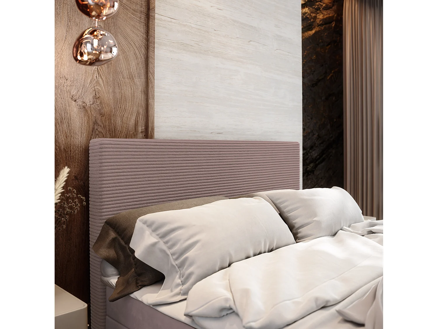 Lit continental ALORIA, 180x200 cm, Tissu pelucheux, Rose