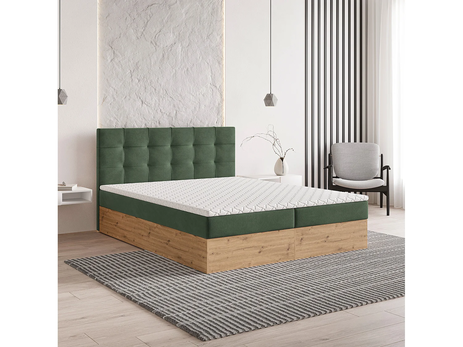 Lit continental MOLVEN, 160x200 cm, Tissu tressé, Vert