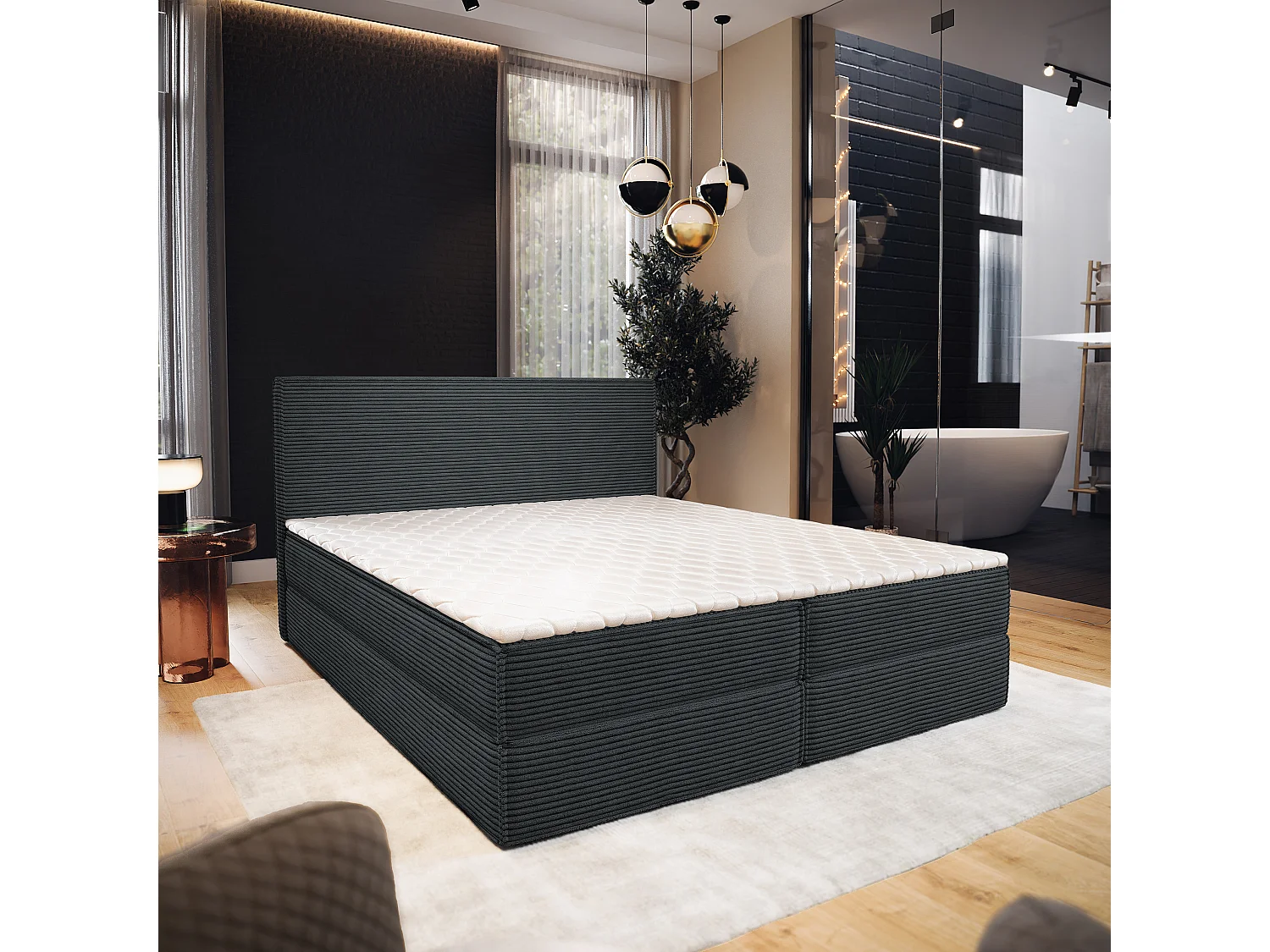 Lit continental PELLIO, 160x200 cm, Tissu en velours côtelé, Gris