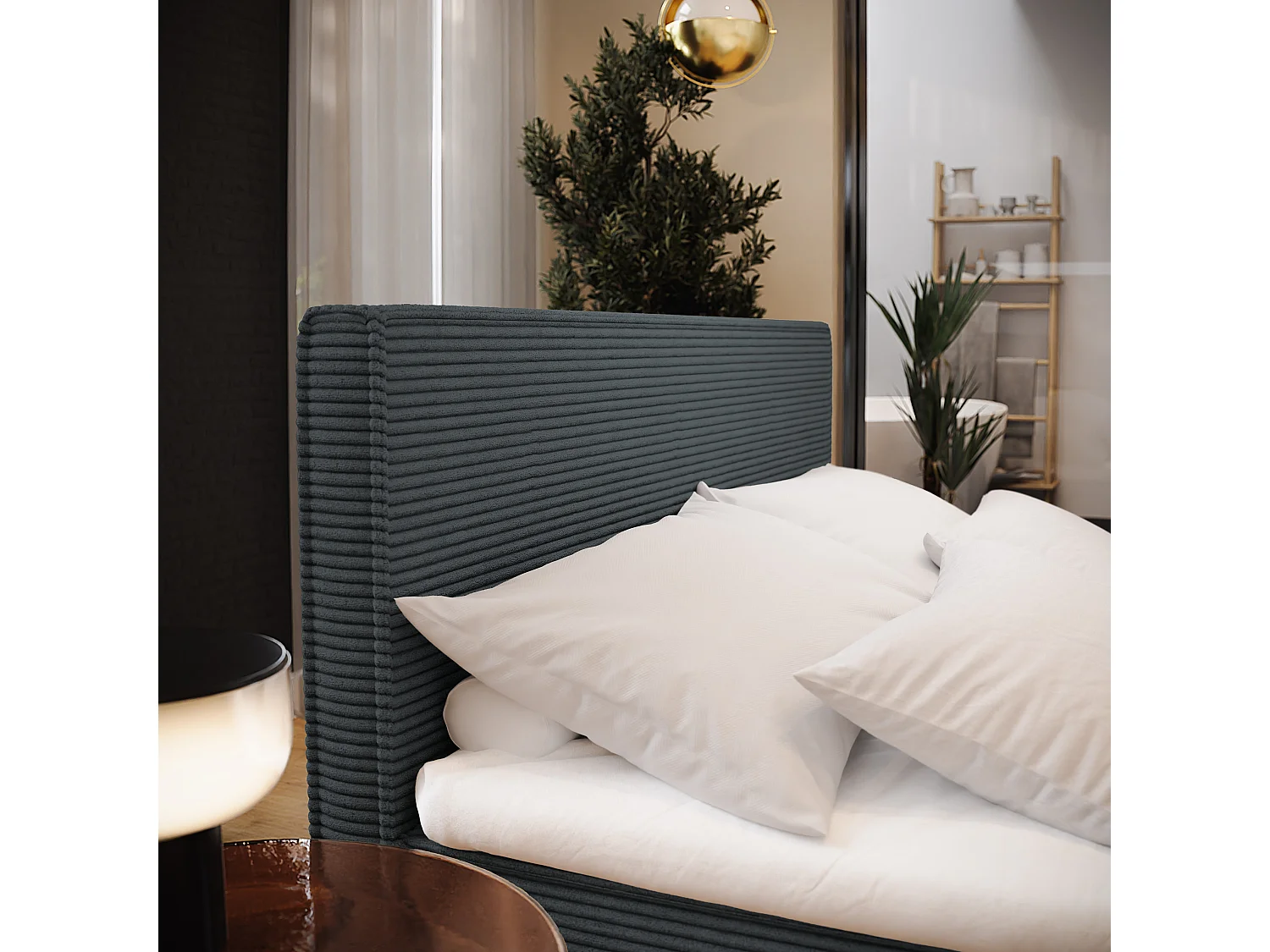 Lit continental PELLIO, 160x200 cm, Tissu en velours côtelé, Gris