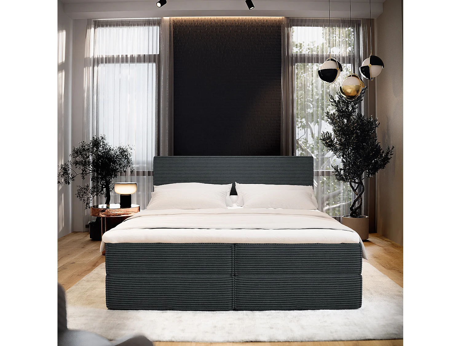 Lit continental PELLIO, 160x200 cm, Tissu en velours côtelé, Gris