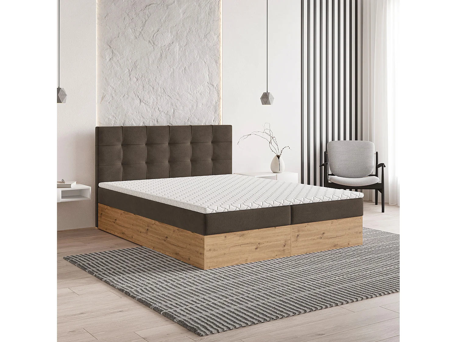 Lit continental MOLVEN, 160x200 cm, Tissu tressé, Marron