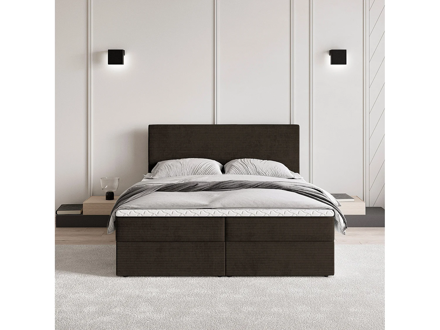 Lit continental NIRA, 140x200 cm, Tissu pelucheux, Marron