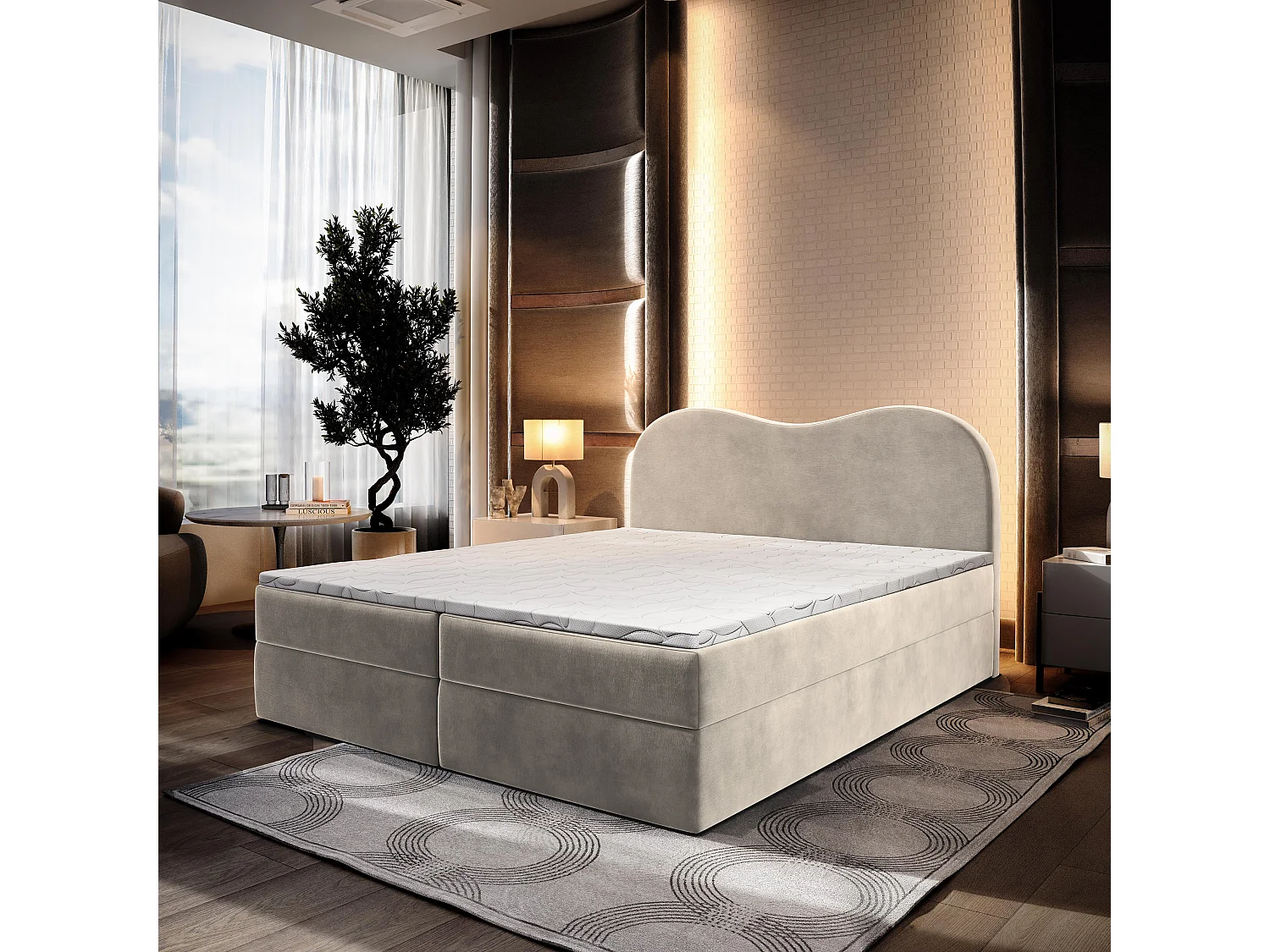 Lit continental FLUVIA, 160x200 cm, Tissu velours, Couleur crème