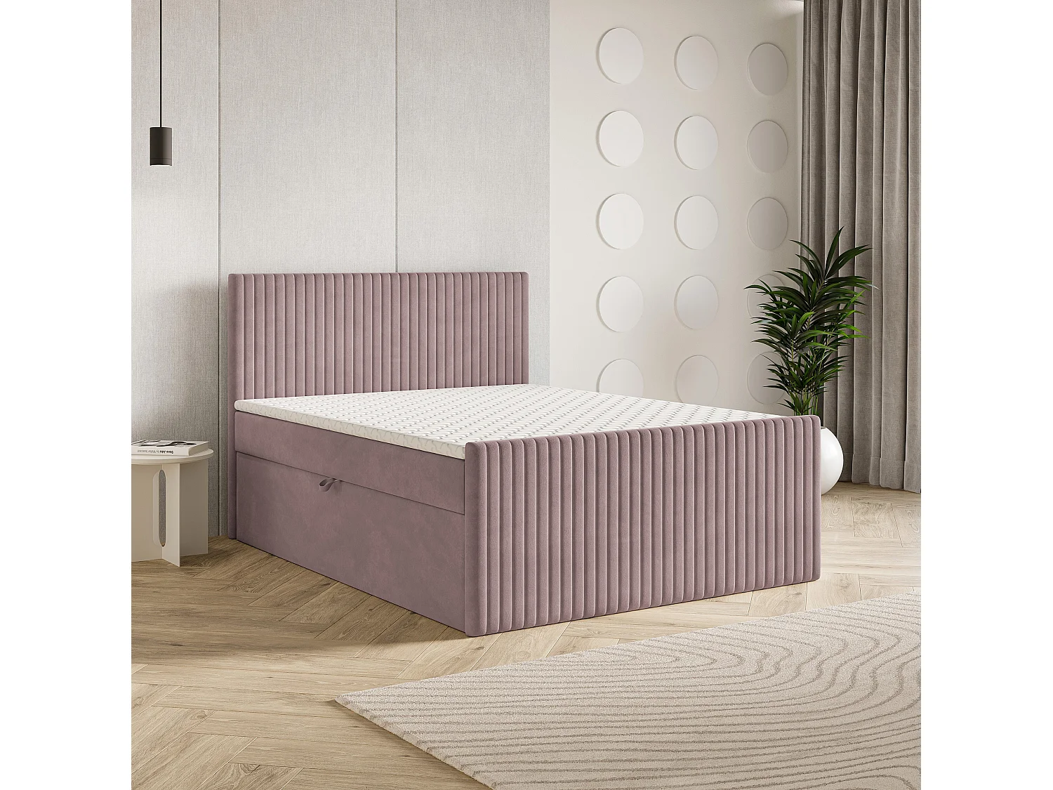 Lit continental TERVAN, 160x200 cm, Tissu pelucheux, Rose