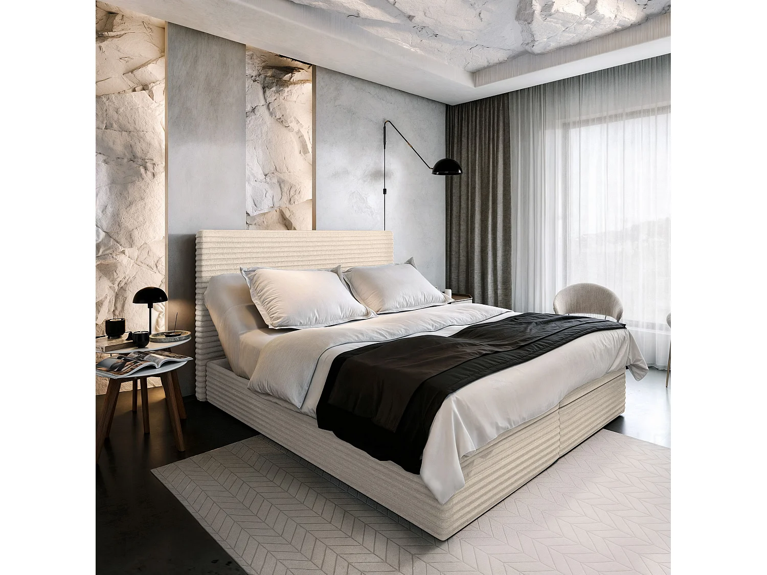 Boxspringbed MILARA 180x200 cm Set met hoofdbord, bedbodem en matras, Crème