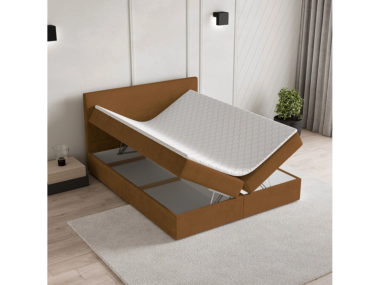 Lit continental NIRA, 160x200 cm, Tissu pelucheux, Couleur cuivre