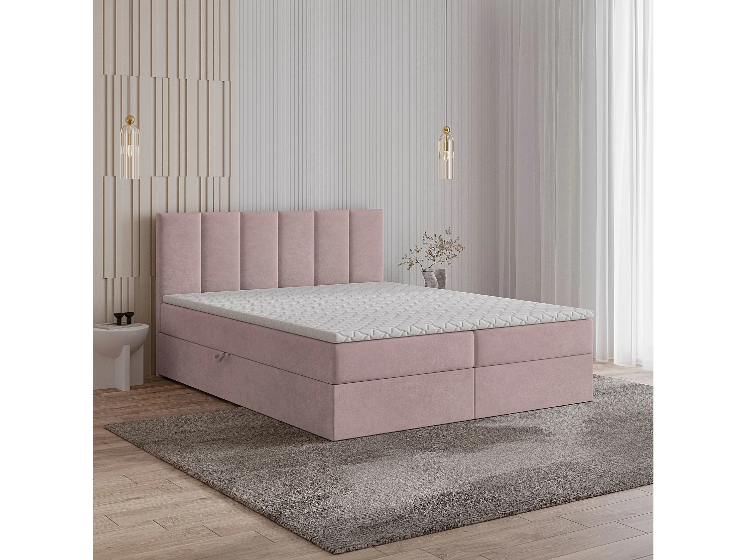 Lit continental MERIL, 180x200 cm, Tissu tressé, Rose
