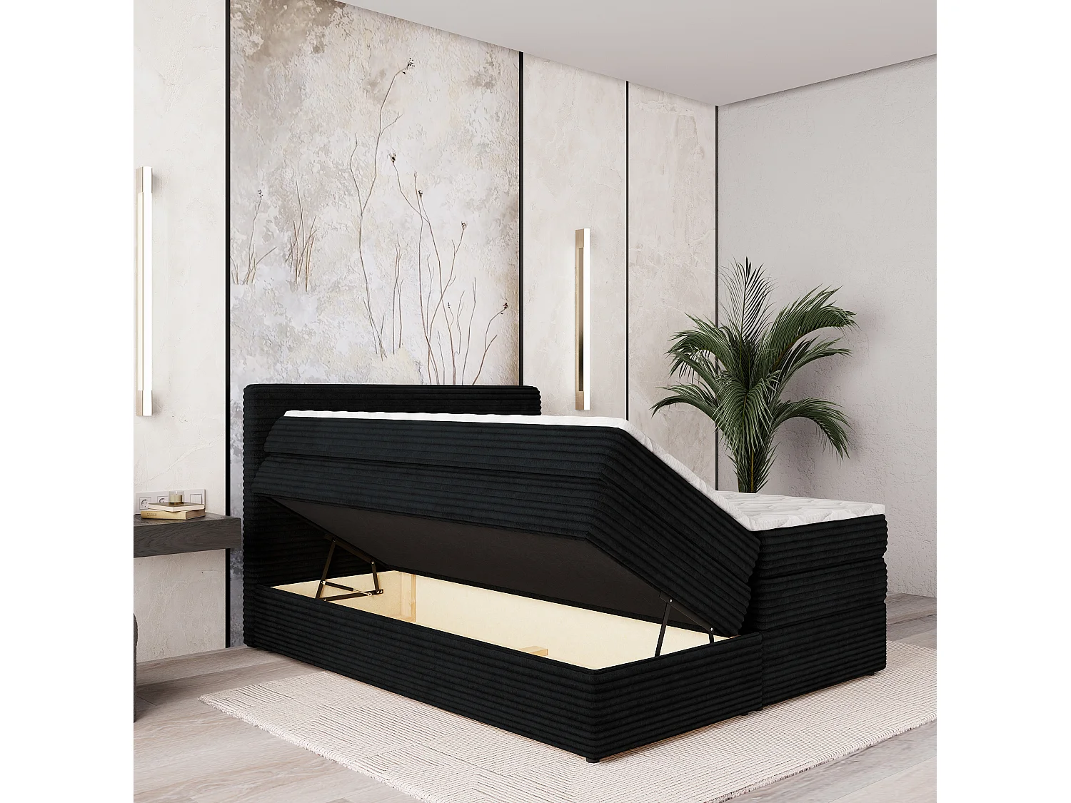 Boxspringbed LUNERA 160x200 cm Set met hoofdbord, bedbodem en matras, Zwart