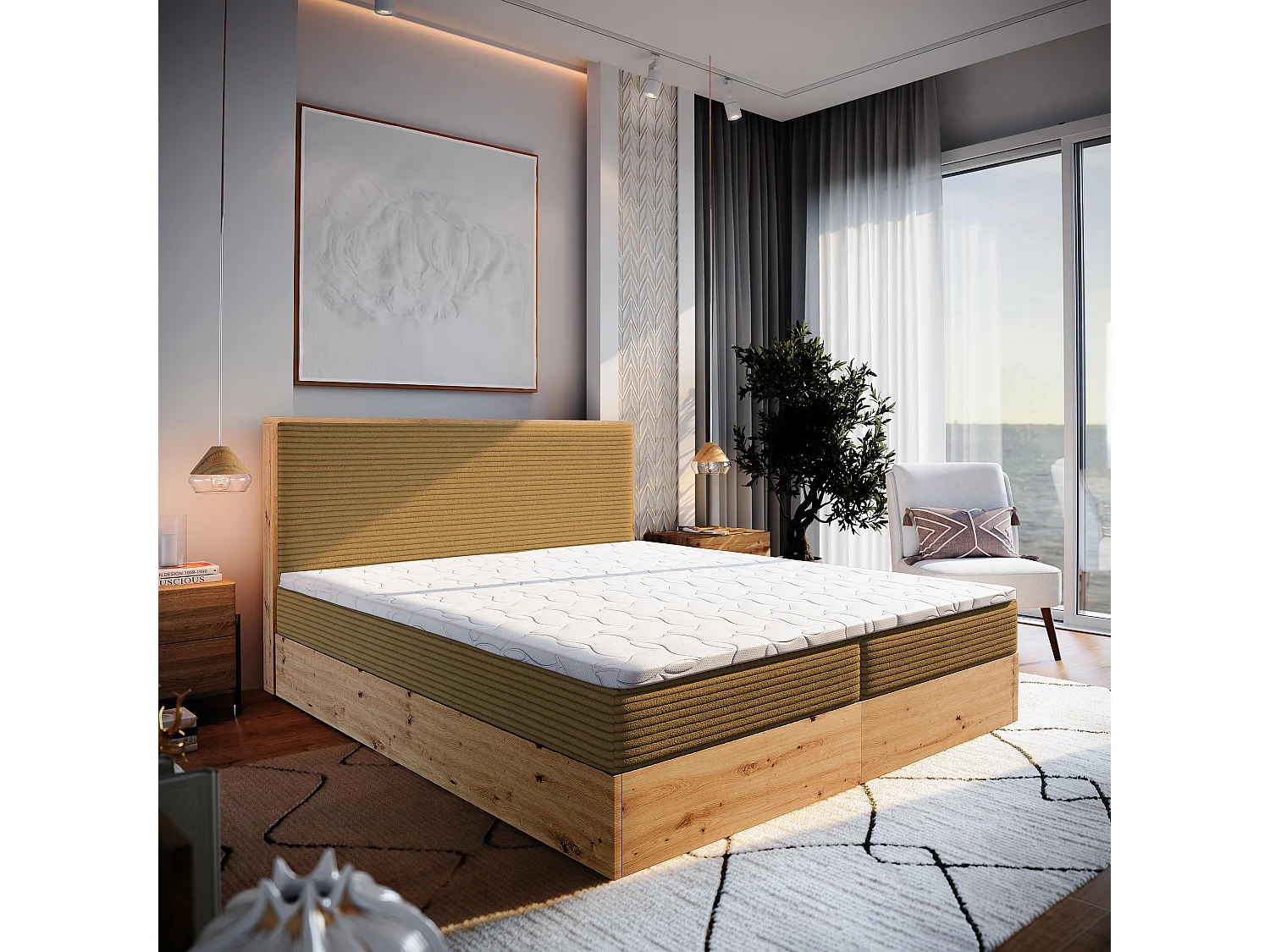 Lit continental VERDON, 180x200 cm, Tissu en velours côtelé, Jaune