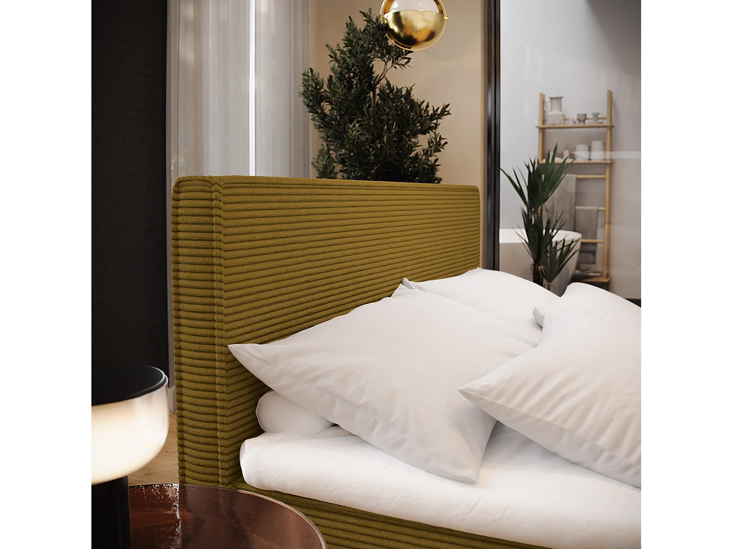 Lit continental PELLIO, 140x200 cm, Tissu en velours côtelé, Jaune