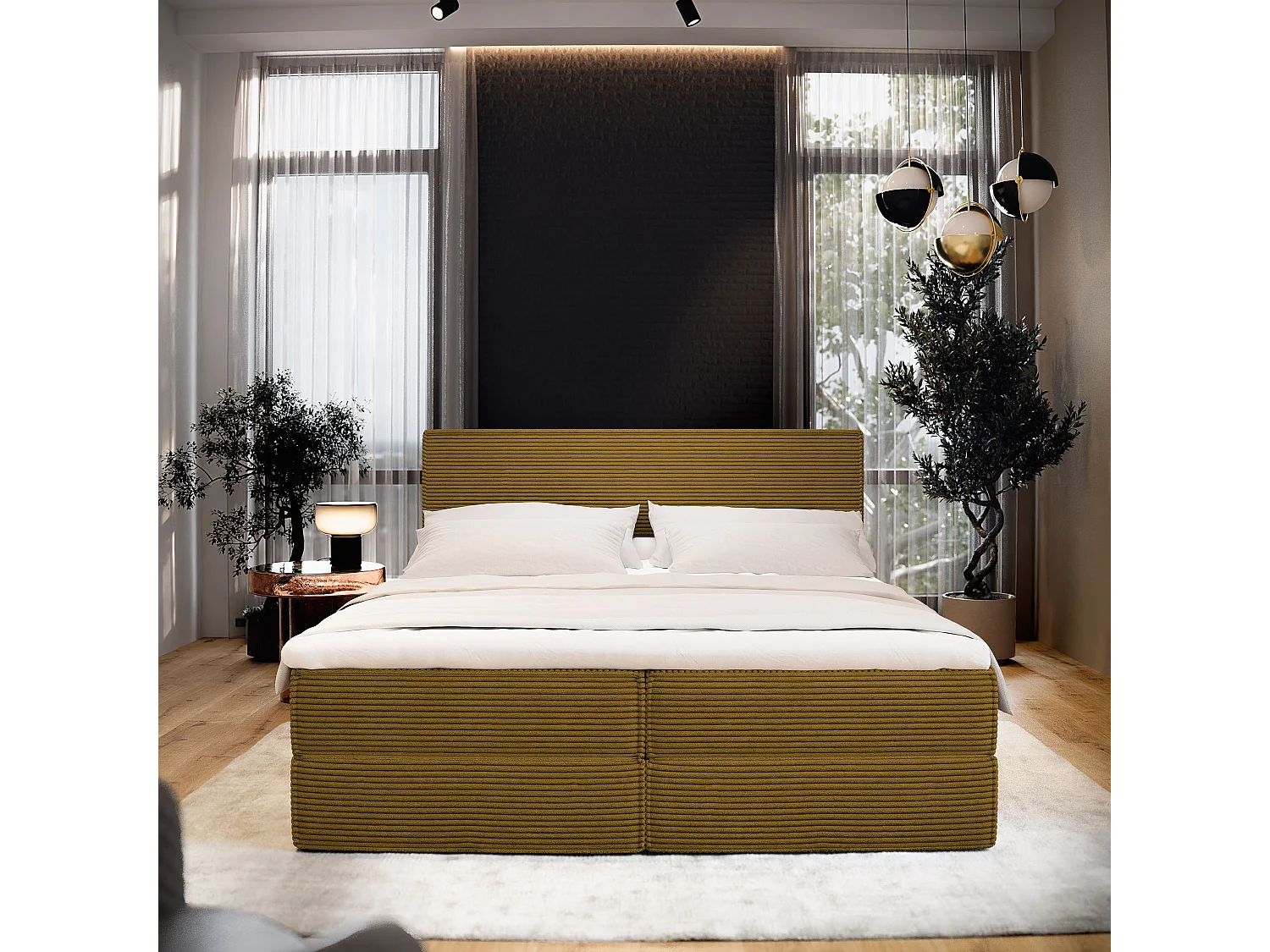 Lit continental PELLIO, 140x200 cm, Tissu en velours côtelé, Jaune