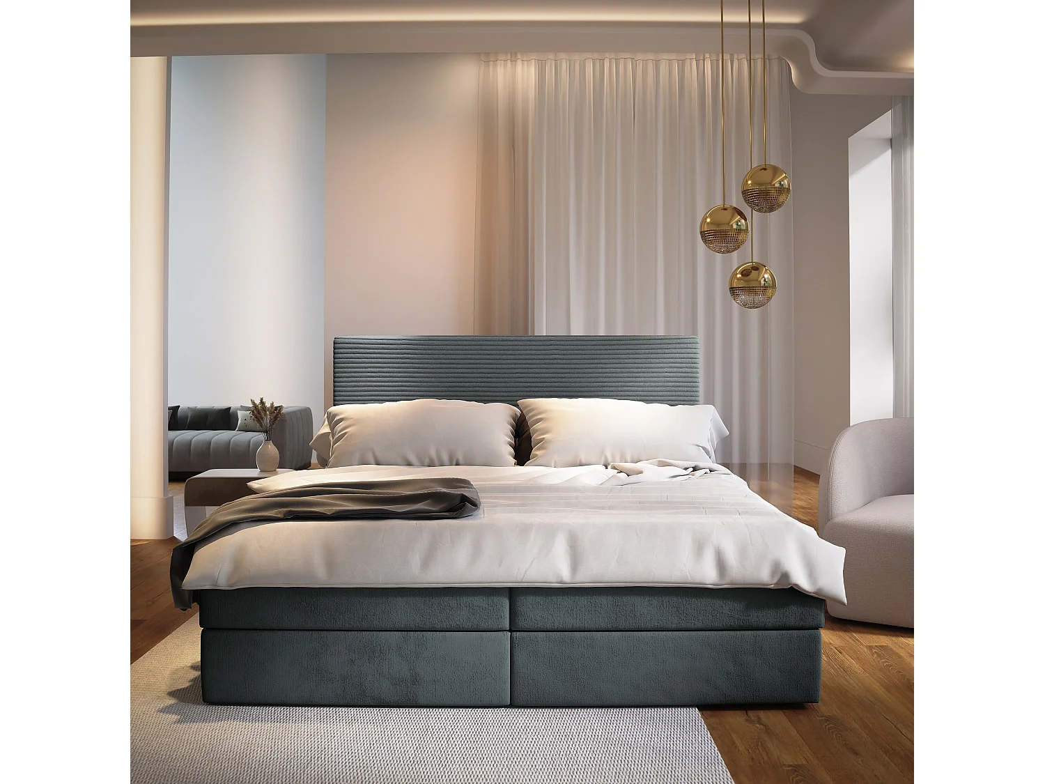 Lit continental GIARRO, 180x200 cm, Tissu pelucheux, Gris